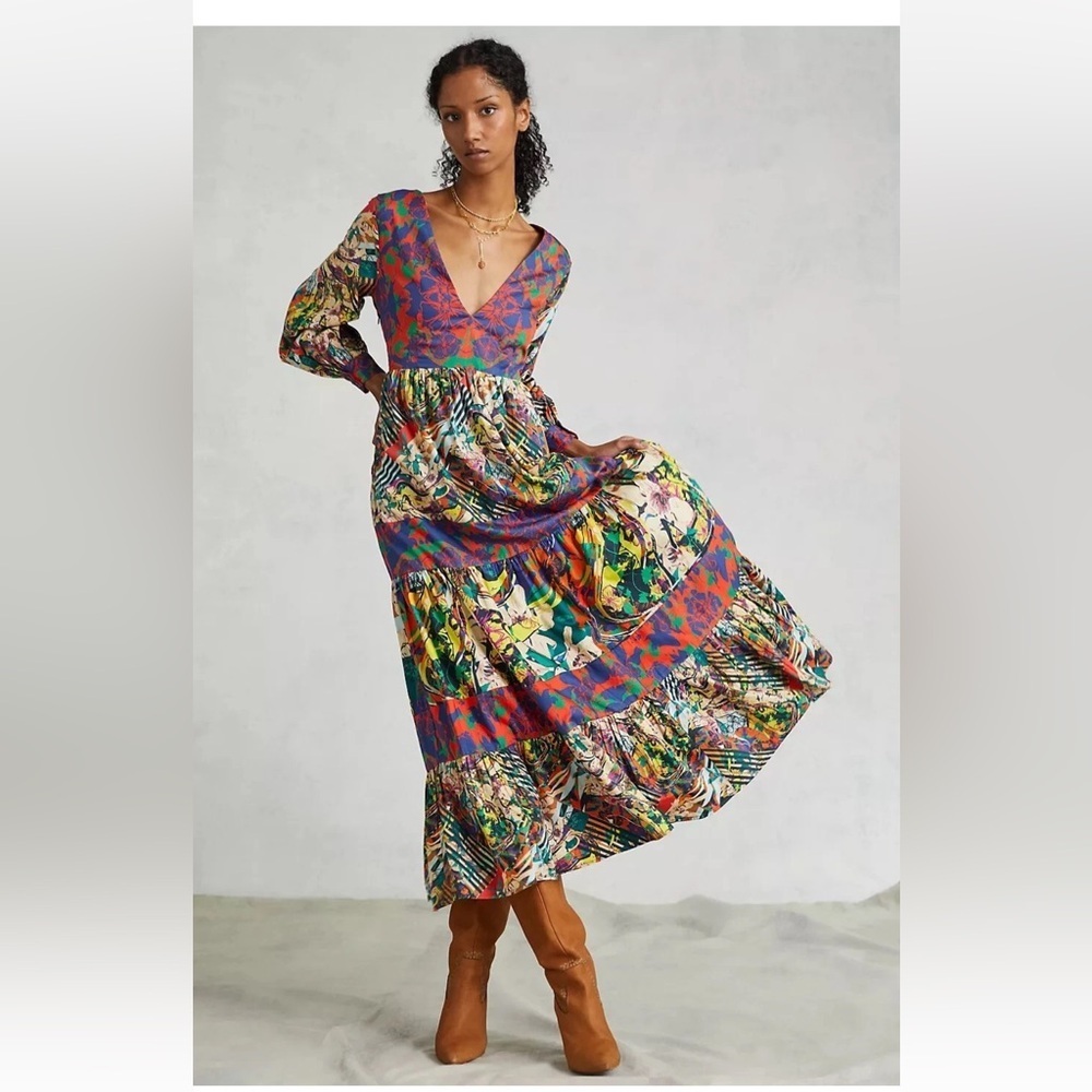 NWT Anthropologie Roopa Pemmaraju Abstract Floral Tiered V-Neck Dress Small